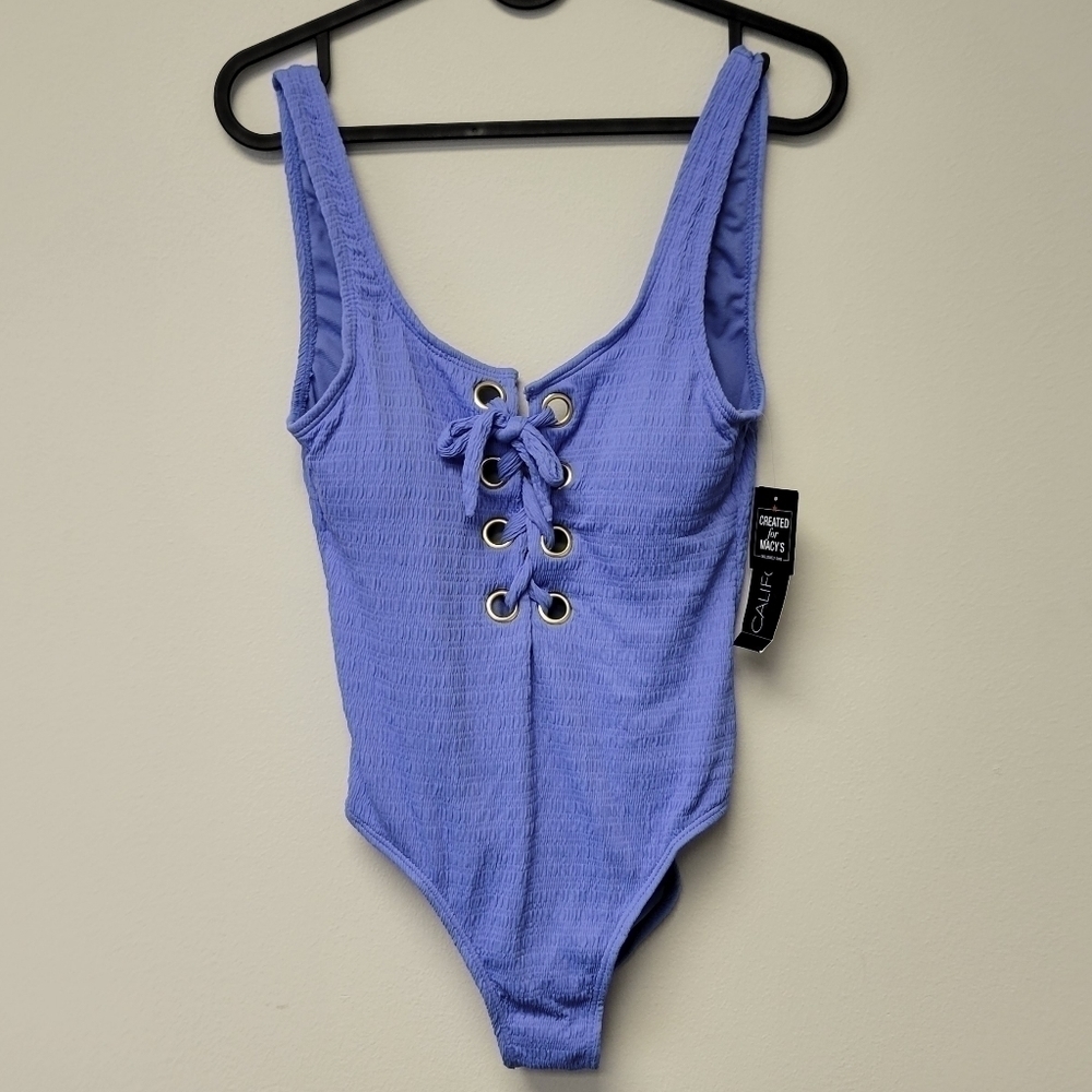 California Waves Textured Grommet One Piece Lace up Swimsuit Blue S - Picture 4 of 11
